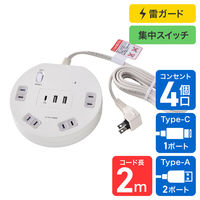 朝日電器 延長コード 耐雷 集中スイッチ付き 丸形 4個口/2m PD20W ホワイト WLS-R4322BUC(W) 1個（直送品）