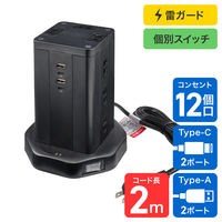 朝日電器 延長コード 電源タップ 耐雷 タワー型 12個口/2m PD20W ブラック WBS-TW12442BUC(BK) 1個（直送品）