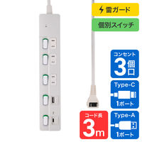 朝日電器 延長コード 耐雷 LEDランプスイッチ付 3個口/3m PD20W ホワイト WLK-3223SUC(W) 1個（直送品）