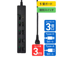 朝日電器 延長コード 耐雷 LEDランプスイッチ付 3個口/3m PD20W ブラック WLK-3223SUC(BK) 1個（直送品）
