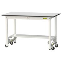 軽量作業台/耐荷重150kg ワンタッチキャスター付きH740mm 半面棚付き RoHS2指令対応塩ビシート天板 ワークテーブル150シリー（直送品）