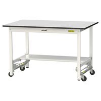 軽量作業台/耐荷重150kg ワンタッチキャスター付きH740mm 半面棚付き RoHS2指令対応塩ビシート天板 ワークテーブル150シリー（直送品）