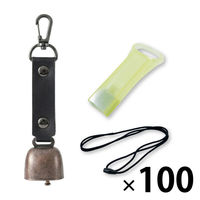 熊よけ鈴 蓄光 エマージェンシーホイッスル 安全ネックストラップ 3点 100セット ブラック 熊鈴 対策 消音 ホイッスル ストラップ（直送品）