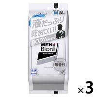 メンズビオレ ボディシート 全身用 無香性 28枚入 3個 液たっぷり乾きにくい！