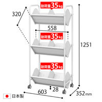 トヨダプロダクツ ブックラックワゴン 高重量タイプ3段 1台 幅603×奥行352×高さ1251mm 斜め型 キャスター付き 耐荷重35kg