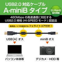 エレコム USB2.0ケーブル/フェライトコア付 USB（A）オス - USB（mini-B）オス ブラック 0.5m U2C-MF05BK 1個