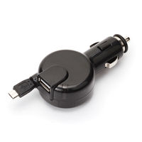 PGA microUSBコネクタケーブル 0.6m & USB1ポート搭載 巻き取り式 車載用DC充電器　ブラック（直送品）