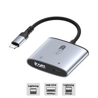 ライトニング 変換アダプター Lightning[オス] - USB(A)[メス] ＋Lightning[メス] USB2.0対応 データ転送 シルバー 1個