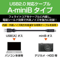 エレコム フェライトコア内蔵USB2.0対応ケーブル A：ミニBタイプ ブラック 0.3m USB-FSM503 1本