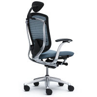 CM12AB FBF5 |オカムラ コンテッサ チェア 小型ヘッドレスト付 固定肘 背メッシュ座クッション ポリッシュ×ネオブラック ライトブルー（直送品）