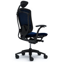 CM12BB FBF4 |オカムラ コンテッサ チェア 小型ヘッドレスト付 固定肘 背メッシュ座クッション ブラック×ネオブラック ダークブルー（直送品）