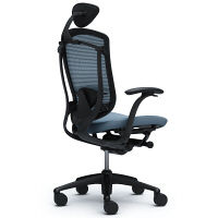 CM12BB FBF5 |オカムラ コンテッサ チェア 小型ヘッドレスト付 固定肘 背メッシュ座クッション ブラック×ネオブラック ライトブルー（直送品）