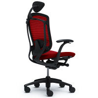 CM12BB FBF9 |オカムラ コンテッサ オフィスチェア 小型ヘッドレスト付 固定肘 背メッシュ座クッション ブラック×ネオブラック レッド（直送品）
