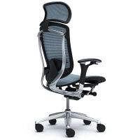 CM91AB FBH5 |オカムラ コンテッサ オフィスチェア 大型ヘッドレスト付 可動肘 メッシュ ポリッシュ×ネオブラック ライトブルー（直送品）