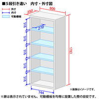 スマイル スチールストレージ（幅800mm） 5段 引違い ホワイト（鍵付・シリンダー錠） 幅800×奥行350×高さ1787mm 1台（3梱包）