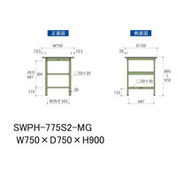 【車上渡し】山金工業 ワークテーブル 耐荷重300kg 固定 ポリ化粧天板 中間棚 幅750×奥行750×高900mm 木目×グリーン 1台（直送品）
