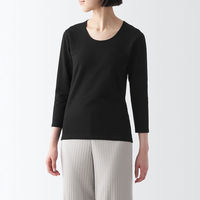 【レディース】無印良品 あったか綿 厚手 Uネック八分袖Tシャツ 婦人 S 黒 良品計画（わけあり品）
