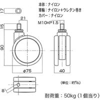 【物流資材】ハイロジック フレスコキャスター75mm M10ボルト・ストップ無 グレー 00026305-001 1個（直送品）