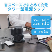 タワー型 電源タップ USBタップ 2m 8口 USB×5 雷ガード ほこり防止 黒 TT-U01-0820BK エレコム 1個