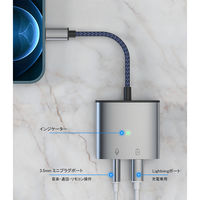 ライトニング 変換アダプター Lightning[オス] - 3.5mmオーディオ＋Lightning[メス] イヤホン 給電 シルバー