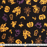 日本紐釦貿易 国産ハロウィン柄プリント生地 シルエット柄 カット販売巾110cm×6m　ブラック地/パープル H7099-1C（直送品）
