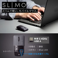 ワイヤレスマウス 無線 USB-A接続 超小型 静音 充電式 持ち運び特化 ブルーLED SLIMO ブラック 1個（直送品）