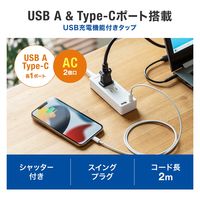 延長コード 電源タップ 2m 2P（ピン） 2個口 シャッター ホワイト TAP-B101UC-2W サンワサプライ 1本