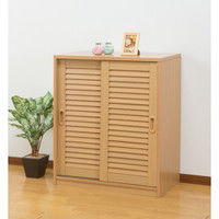 ファミリー・ライフ 木製ルーバー引き戸キャビネット 2枚扉 ホワイト 幅770×奥行390×高さ900mm 1台（直送品）