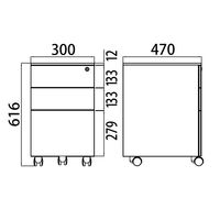 Ceha プレノデスクシステム スチールキャビネット 3段 ブラック 幅300×奥行470mm×高さ616mm 1台 サイドワゴン キャスター・鍵付き