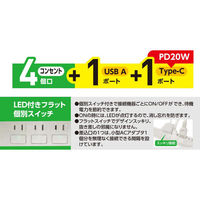 磁気研究所 USBポート付き電源タップ(コンセント4個口+USB-A×1、C×1) HDTAC4CA20WH 1個