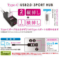 ナカバヤシ Type-C/USB2.0/3ポートハブ/120cm/ホワイト UH-C2463W 1個（直送品）