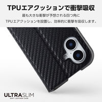 iPhone16 ケース レザー 手帳型 超軽量 薄型 カーボンブラック PM-A24APLFUCB エレコム 1個（直送品）