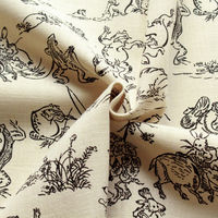 鳥獣戯画 むら糸藍染調 プリント生地 ベージュ×黒線 巾約110cm 1mカット KW7070-7B-1M 1セット(1m切売カット)（直送品）