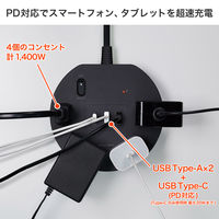 朝日電器 延長コード 耐雷 集中スイッチ付き 丸形 4個口/2m PD20W ブラック WLS-R4322BUC(BK) 1個（直送品）