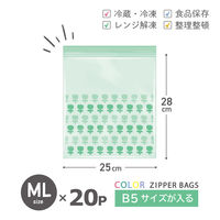 プラスプラス カラーデザインジッパーバッグ ML 25×28cm グリーン 冷凍・レンジ解凍可 1箱（20枚入）オルディ