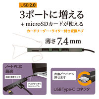 ナカバヤシ USB2.0+カードリーダー TypeーC 3ポートハブ 極薄極細 グレー COM-C2MSD113GY 1個