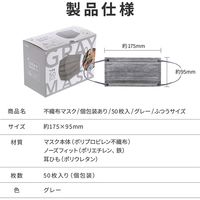 MSソリューションズ 不織布マスク 灰 ふつうサイズ　個包装　PL-FM03GY50EG　使い捨て　1箱（50枚入）