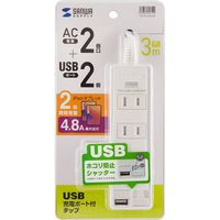 延長コード 電源タップ 3m 2P（ピン） 2個口 シャッター ライトグレー TAP-B110USH-3W サンワサプライ 1本