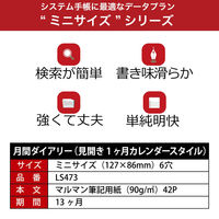 【2025年版】リフィル ミニ データプラン 6穴 月間ダイアリー(カレンダースタイル) 月曜始まり LS473-25 1セット(1冊×2)（直送品）