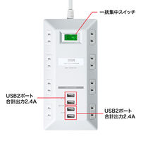 延長コード 電源タップ 3m 2P（ピン） 8個口 シャッター ホワイト TAP-B109U-3WN サンワサプライ 1本（直送品）
