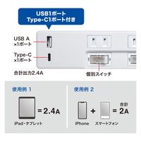 延長コード 電源タップ 2m 2P（ピン） 4個口 シャッター ホワイト TAP-B102UC-2W サンワサプライ 1本