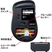 サンワサプライ 静音ワイヤレスブルーLEDマウス 5ボタン ボタン機能割り当て ブラック MA-WBL153BK 1個