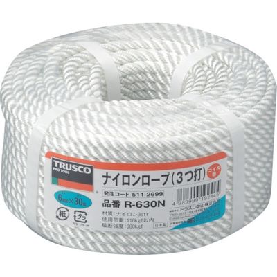 トラスコ中山 TRUSCO ナイロンロープ 3つ打 線径6mmX長さ30m R-630N 1巻 511-2699（直送品）