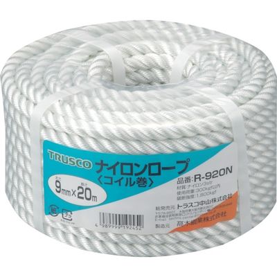 トラスコ中山 TRUSCO ナイロンロープ 3つ打 線径9mmX長さ20m R-920N 1巻 511-2702（直送品）