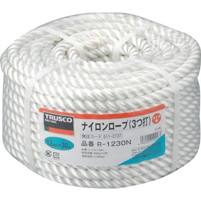 トラスコ中山 TRUSCO ナイロンロープ 3つ打 線径12mmX長さ30m R-1230N 1巻 511-2737（直送品）