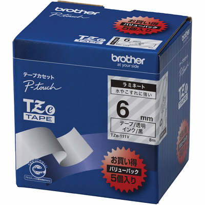ピータッチ テープ 幅6mm 透明ラベル(黒文字) TZe-111V 1セット（5個入 