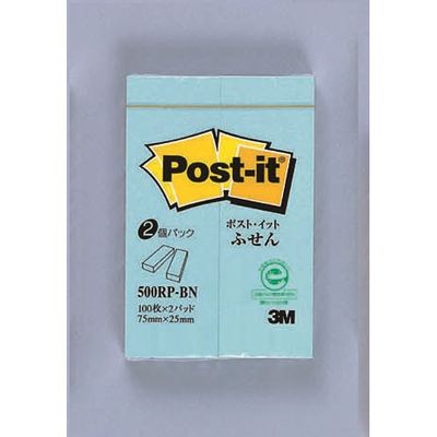 ポストイット 付箋 ふせん 通常粘着 75×25mm ブルー 1パック(2冊入) スリーエム 500RP-BN（直送品）
