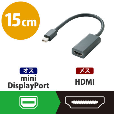Mini DisplayPort[オス] - HDMI[メス] 変換アダプター 15cm 黒 AD-MDPHDMIBK エレコム 1個（直送品）