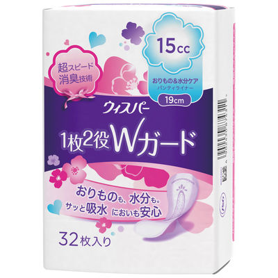 P＆G ウィスパー 1枚2役Wガード おりもの＆水分ケア パンティライナー 15cc 32枚入 4902430874311 1個(32枚)（直送品）
