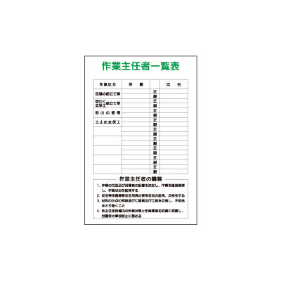 加藤商店 イラスト標識 作業主任者一覧表 900×600 KBI-531 1枚